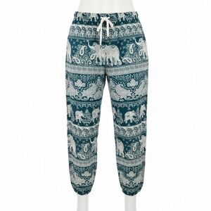 Thai Elephant Print Harem Pants Teal White Boho Rayon Joggers Drawstring Waist